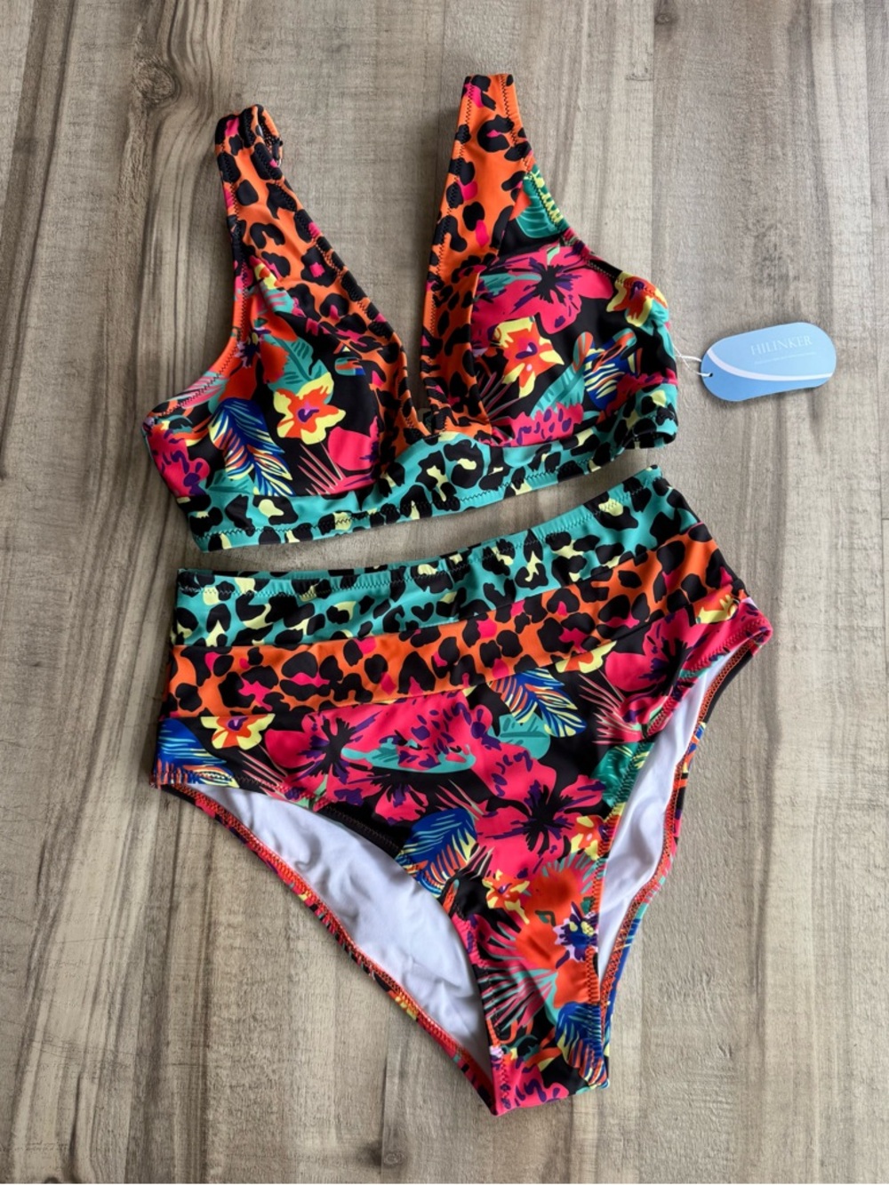 Women’s Floral & Leopard Print High-Waisted Swimsuit 2 Piece - Picture 3 of 5